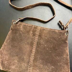 Vintage 90s Boho Brown Suede Crossbody Bag with Whipstitch Detail